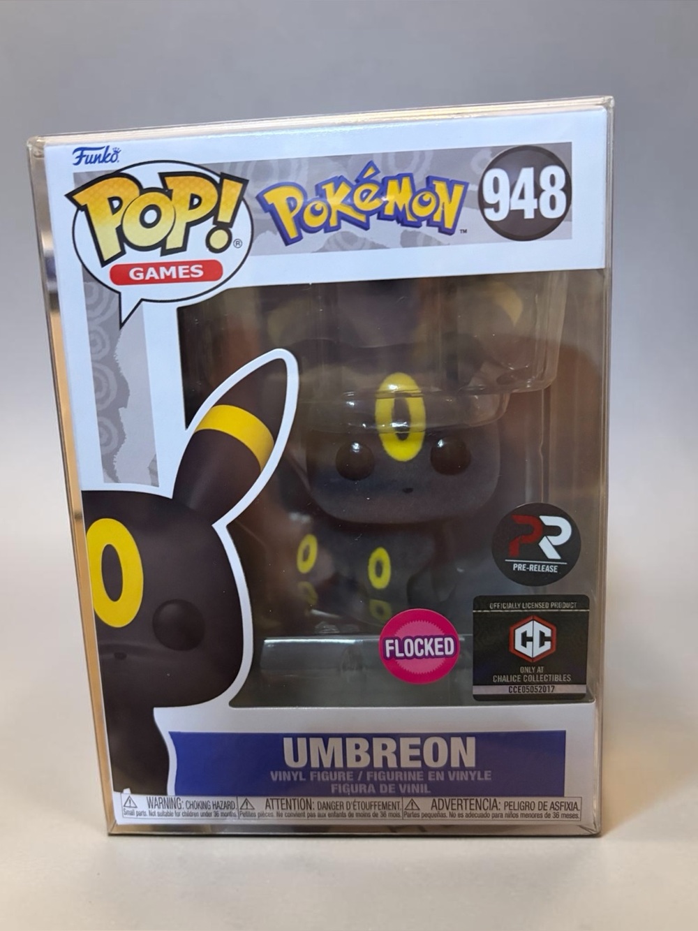 2023 Pre-Release CC Exclusive (Flocked) Pokemon “Umbreon” Funko Pop in Protector